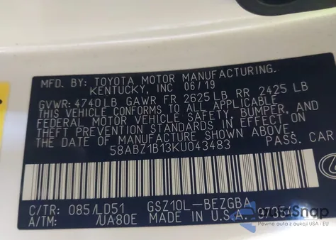 2019 Lexus Es 350 z USA, uszkodzony, nr VIN 58ABZ1B13KU043483